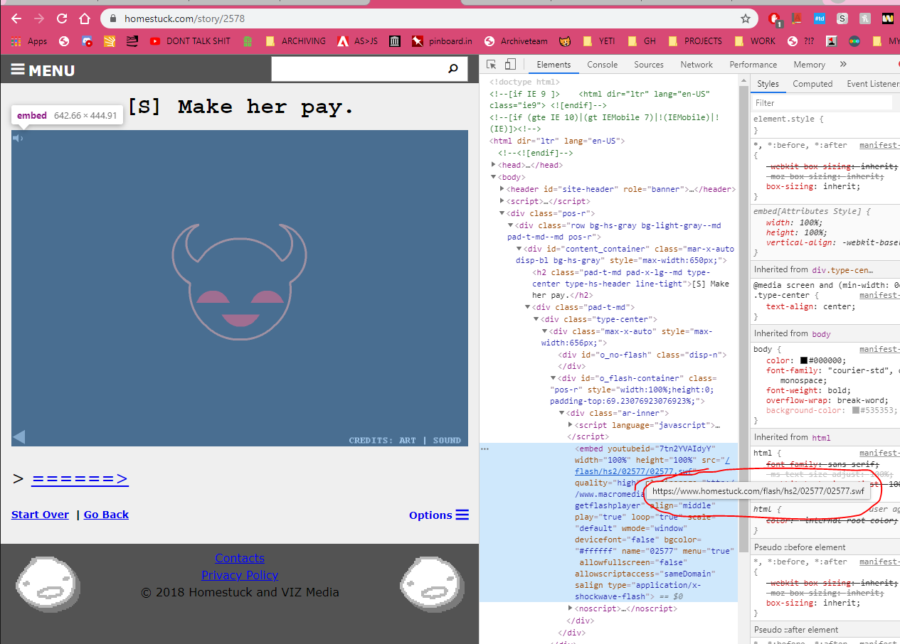 use inspect element to find .SWF source url in nested elements on homestuck.com.